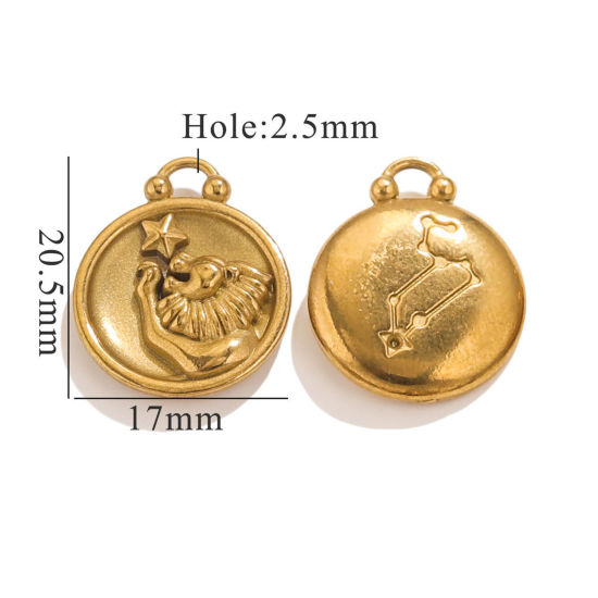 Picture of 5 PCs 304 Stainless Steel Charms 18K Gold Plated Round Leo Sign Of Zodiac Constellations 20.5mm x 17mm