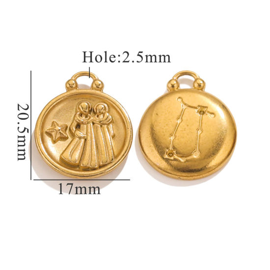 Picture of 5 PCs 304 Stainless Steel Charms 18K Gold Plated Round Gemini Sign Of Zodiac Constellations 20.5mm x 17mm