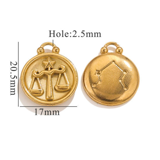 Picture of 5 PCs 304 Stainless Steel Charms 18K Gold Plated Round Libra Sign Of Zodiac Constellations 20.5mm x 17mm