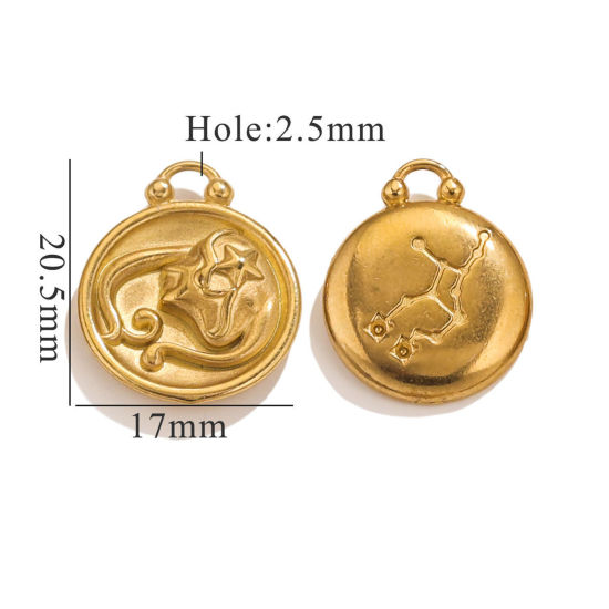 Picture of 5 PCs 304 Stainless Steel Charms 18K Gold Plated Round Virgo Sign Of Zodiac Constellations 20.5mm x 17mm