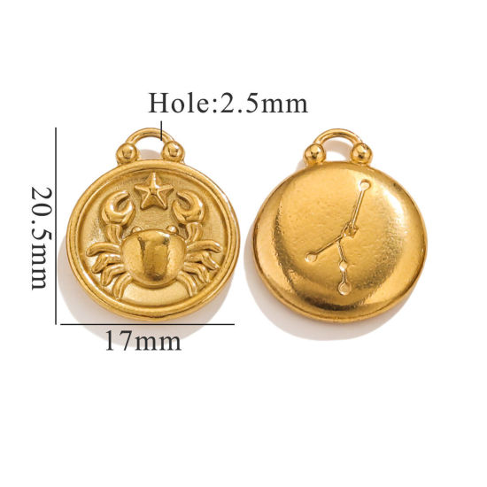 Picture of 5 PCs 304 Stainless Steel Charms 18K Gold Plated Round Cancer Sign Of Zodiac Constellations 20.5mm x 17mm