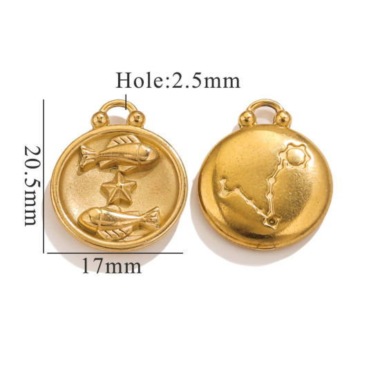 Picture of 5 PCs 304 Stainless Steel Charms 18K Gold Plated Round Pisces Sign Of Zodiac Constellations 20.5mm x 17mm