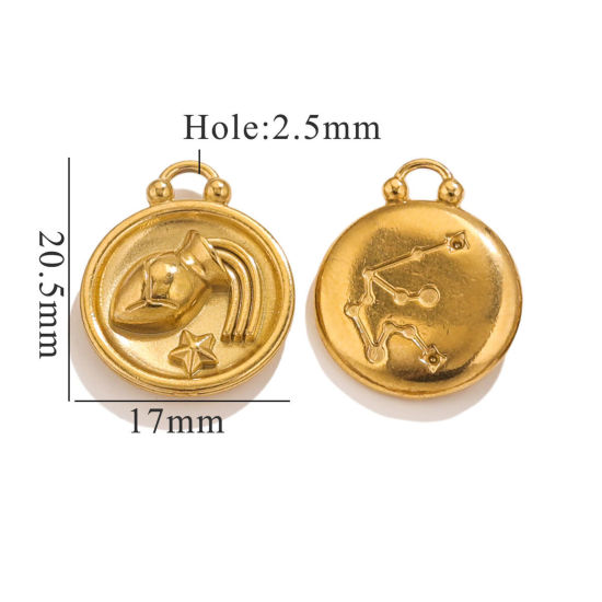 Picture of 5 PCs 304 Stainless Steel Charms 18K Gold Plated Round Aquarius Sign Of Zodiac Constellations 20.5mm x 17mm