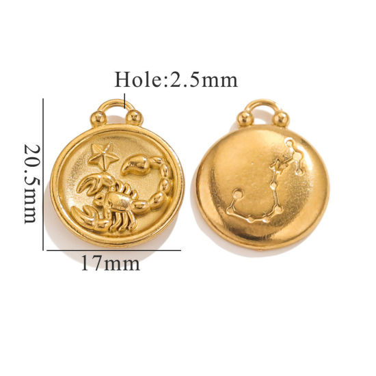 Picture of 5 PCs 304 Stainless Steel Charms 18K Gold Plated Round Scorpio Sign Of Zodiac Constellations 20.5mm x 17mm