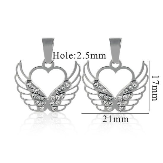 Picture of 1 Piece 304 Stainless Steel Charm Pendant Silver Tone Wing Hollow 24mm x 21mm