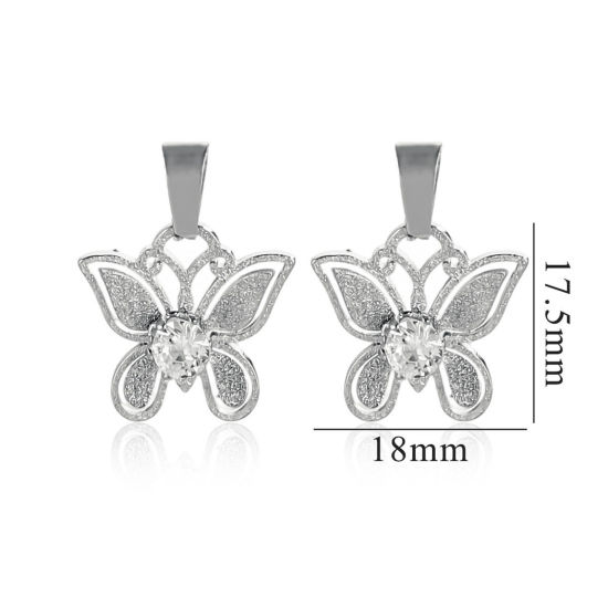 Picture of 1 Piece 304 Stainless Steel Charm Pendant Silver Tone Butterfly Animal Hollow 24mm x 18mm