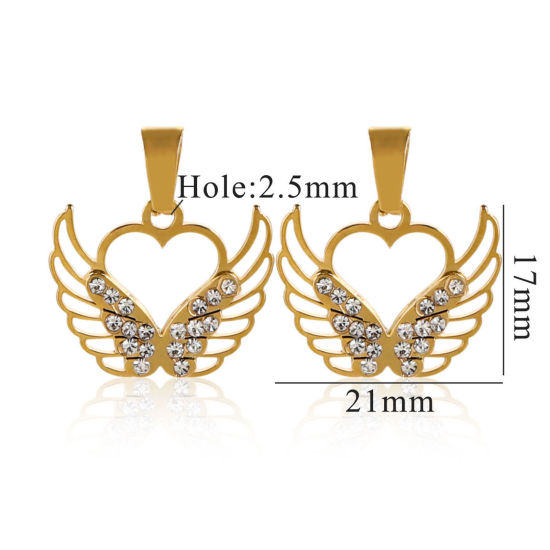 Picture of 1 Piece Vacuum Plating 304 Stainless Steel Charm Pendant 18K Gold Plated Wing Hollow 24mm x 21mm