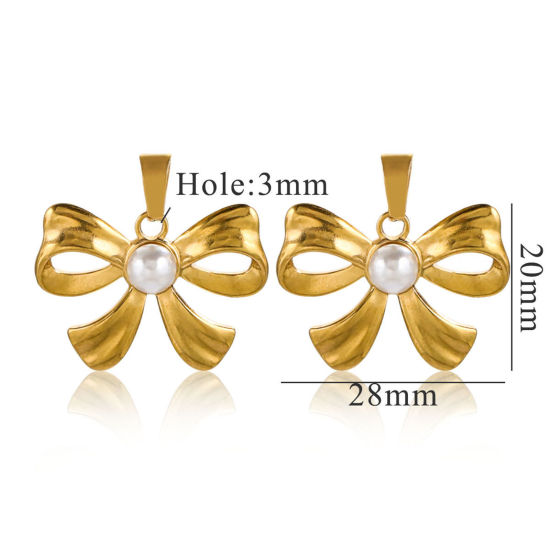 Picture of 1 Piece Vacuum Plating 304 Stainless Steel Charm Pendant 18K Gold Plated Bowknot 28mm x 26mm