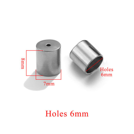 Bild von 20 Stück 304 Edelstahl Endkappen Zylinder Silberfarbe (Für 6mm Schnur) 8mm x 7mm