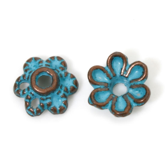 Bild von 200 Stück Zinklegierung Patina Perlkappen Blumen Rotkupferfarbe Cyan (für Perlengröße: 10mm D.) 6mm x 6mm