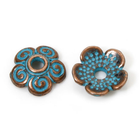 Picture of 200 PCs Zinc Based Alloy Beads Caps Flower Spiral Antique Copper Green Blue Patina Finish Verdigris Effect (Fit Beads Size: 14mm Dia.) 8mm x 8mm