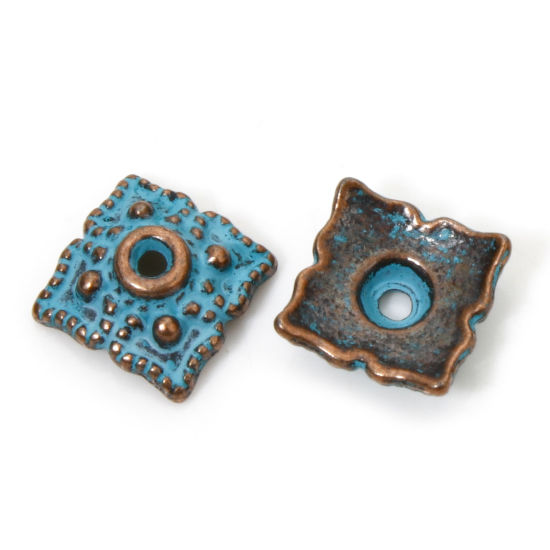 Bild von 200 Stück Zinklegierung Patina Perlkappen Blumen Rotkupferfarbe Cyan Punkt (für Perlengröße: 14mm D.) 8mm x 8mm