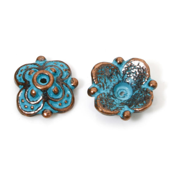 Bild von 100 Stück Zinklegierung Patina Perlkappen Blumen Rotkupferfarbe Cyan (für Perlengröße: 16mm D.) 10mm x 10mm