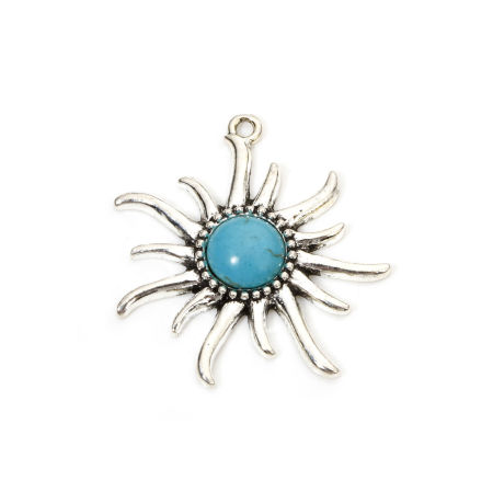 Imagen de 5 Unidades Zamak Bohemia Colgantes Plata Antigua Sol Con Resina Cabochons Imitación Turquesa 3.9cm x 3.7cm