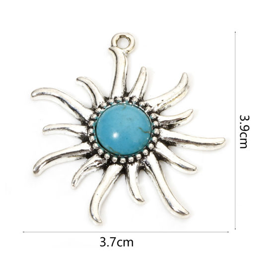 Imagen de 5 Unidades Zamak Bohemia Colgantes Plata Antigua Sol Con Resina Cabochons Imitación Turquesa 3.9cm x 3.7cm