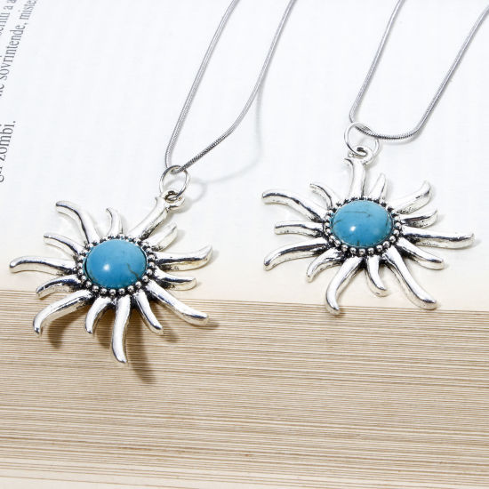 Imagen de 5 Unidades Zamak Bohemia Colgantes Plata Antigua Sol Con Resina Cabochons Imitación Turquesa 3.9cm x 3.7cm