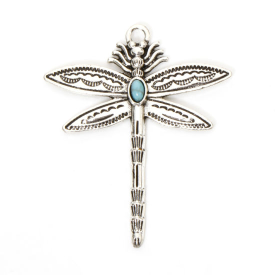 Picture of 2 PCs Zinc Based Alloy Boho Chic Bohemia Pendants Antique Silver Color Dragonfly Animal With Resin Cabochons Imitation Turquoise 5.2cm x 4.4cm