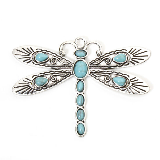 Picture of 2 PCs Zinc Based Alloy Boho Chic Bohemia Pendants Antique Silver Color Dragonfly Animal With Resin Cabochons Imitation Turquoise 6.4cm x 4.7cm