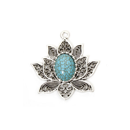 Imagen de 2 Unidades Zamak Bohemia Colgantes Plata Antigua Flor de Loto Con Resina Cabochons Imitación Turquesa 4.7cm x 4.5cm
