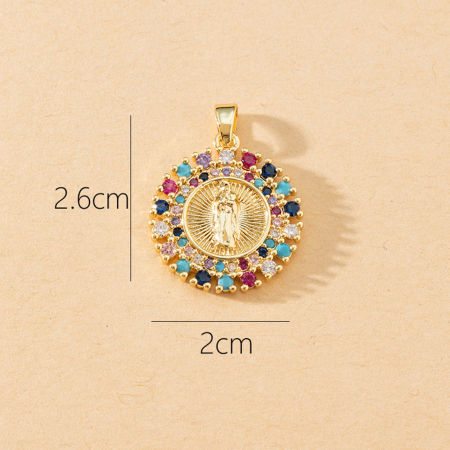 Image de 1 Pièce Pendentifs Religieux en Laiton Rond Plaqué Or 18K Sainte Vierge Marie Micro Pave à Zircone Cubique Multicolore 26mm x 20mm