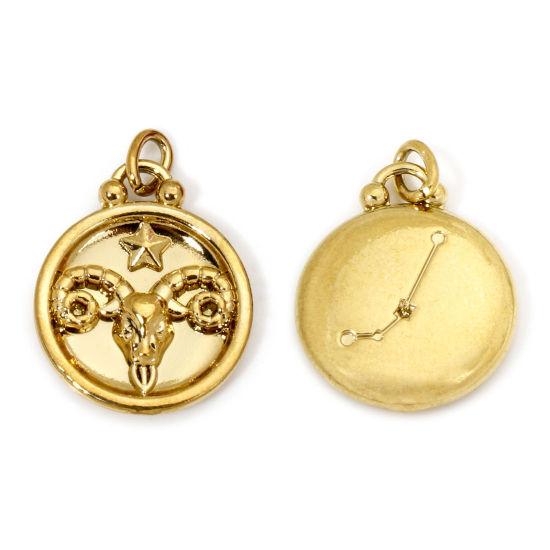 Изображение 2 ШТ вакуумное покрытие 304 Нержавеющая Сталь Ретро Подвески Круглые Позолоченный Созвездие Овен 21мм x 17мм
