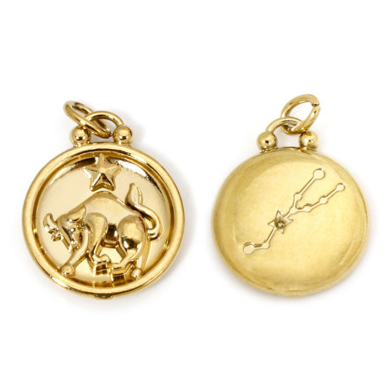 Изображение 2 ШТ вакуумное покрытие 304 Нержавеющая Сталь Ретро Подвески Круглые Позолоченный Созвездие Телец 21мм x 17мм