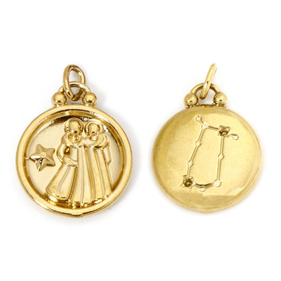 Изображение 2 ШТ вакуумное покрытие 304 Нержавеющая Сталь Ретро Подвески Круглые Позолоченный Созвездие Близнецы 21мм x 17мм