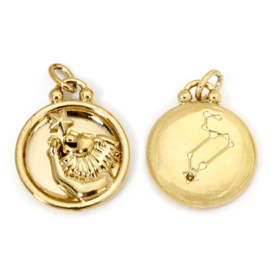 Изображение 2 ШТ вакуумное покрытие 304 Нержавеющая Сталь Ретро Подвески Круглые Позолоченный Созвездие Льв 21мм x 17мм
