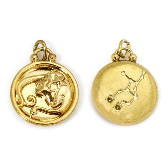 Изображение 2 ШТ вакуумное покрытие 304 Нержавеющая Сталь Ретро Подвески Круглые Позолоченный Созвездие Дева 21мм x 17мм