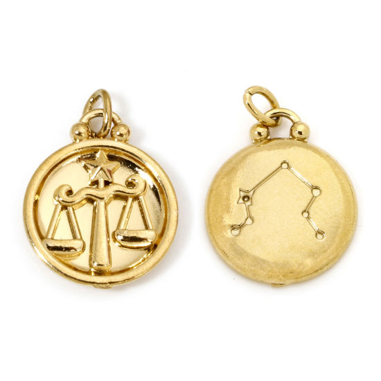Изображение 2 ШТ вакуумное покрытие 304 Нержавеющая Сталь Ретро Подвески Круглые Позолоченный Созвездие Весы 21мм x 17мм