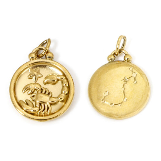 Изображение 2 ШТ вакуумное покрытие 304 Нержавеющая Сталь Ретро Подвески Круглые Позолоченный Созвездие Скорпион 21мм x 17мм