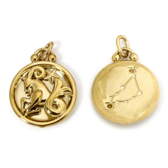 Изображение 2 ШТ вакуумное покрытие 304 Нержавеющая Сталь Ретро Подвески Круглые Позолоченный Созвездие Козерог 21мм x 17мм