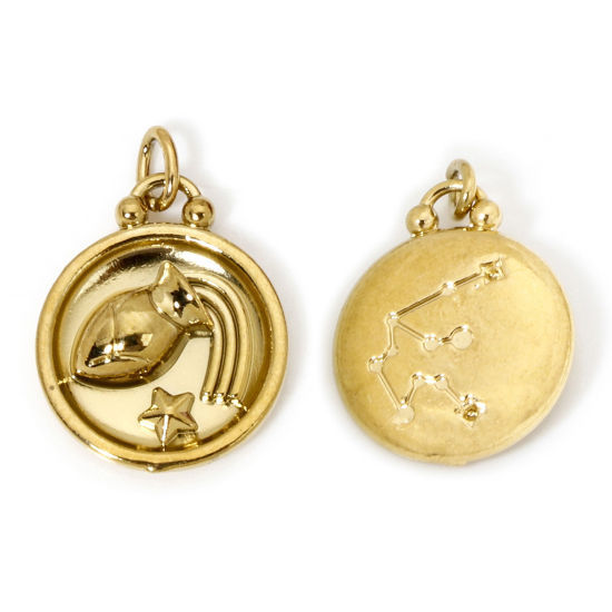 Изображение 2 ШТ вакуумное покрытие 304 Нержавеющая Сталь Ретро Подвески Круглые Позолоченный Созвездие Водолей 21мм x 17мм
