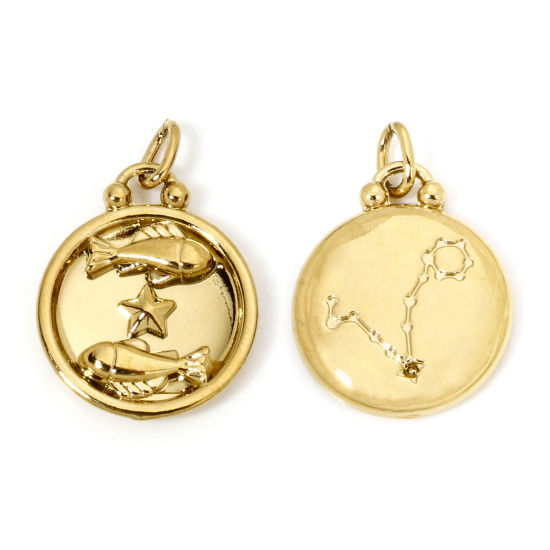 Изображение 2 ШТ вакуумное покрытие 304 Нержавеющая Сталь Ретро Подвески Круглые Позолоченный Созвездие Рыбы 21мм x 17мм