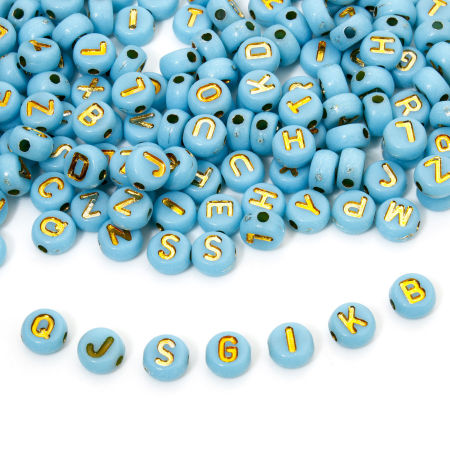Immagine di 500 Pz Acrilato Perline per la Creazione di Gioielli con Fai-da-te Blu Tondo A Caso Misto Lettere " A-Z " Smalto Circa 7mm Dia, Foro: Circa 1.5mm