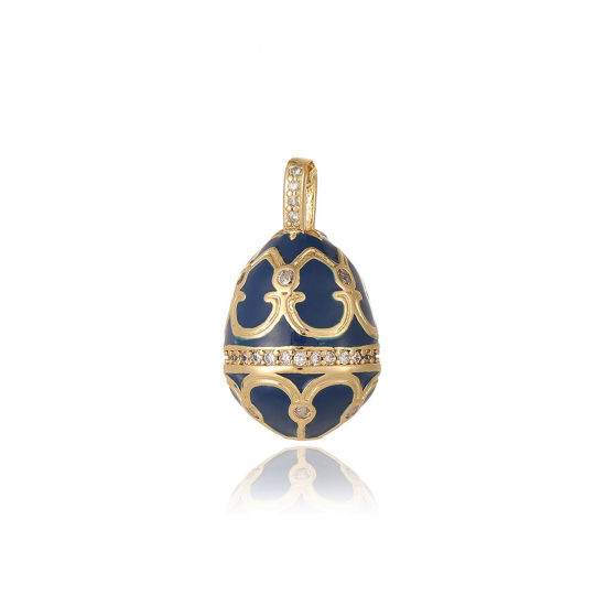 Image de 1 Pièce Breloques Jour de Pâques en Laiton Respectueux de la Nature Œuf de Pâques Plaqué Or Véritable 18K Bleu Foncé Motif Sculpté Émail 23.5mm x 13.5mm