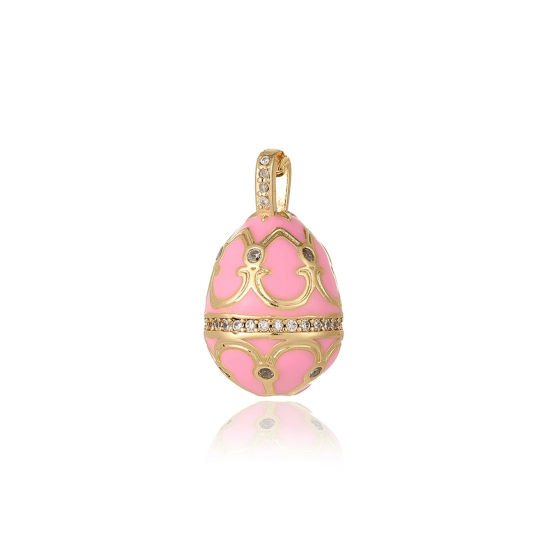 Image de 1 Pièce Breloques Jour de Pâques en Laiton Respectueux de la Nature Œuf de Pâques Plaqué Or Véritable 18K Rose Motif Sculpté Émail 23.5mm x 13.5mm