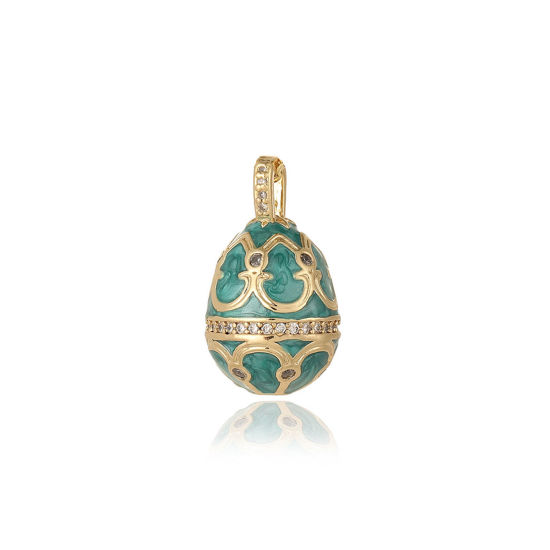 Image de 1 Pièce Breloques Jour de Pâques en Laiton Respectueux de la Nature Œuf de Pâques Plaqué Or Véritable 18K Vert Motif Sculpté Émail 23.5mm x 13.5mm