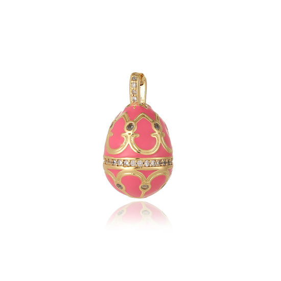 Image de 1 Pièce Breloques Jour de Pâques en Laiton Respectueux de la Nature Œuf de Pâques Plaqué Or Véritable 18K Fuchsia Motif Sculpté Émail 23.5mm x 13.5mm