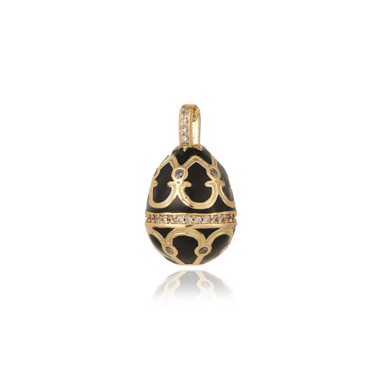 Image de 1 Pièce Breloques Jour de Pâques en Laiton Respectueux de la Nature Œuf de Pâques Plaqué Or Véritable 18K Noir Motif Sculpté Émail 23.5mm x 13.5mm