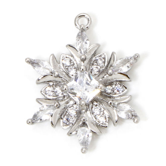 Bild von 1 Stück Umweltfreundlich Messing Weihnachten Charms Echt Platin plattiert Weihnachten Schneeflocke Klar Zirkonia Transparent Strass 20.5mm x 16mm