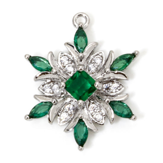 Bild von 1 Stück Umweltfreundlich Messing Weihnachten Charms Echt Platin plattiert Weihnachten Schneeflocke Klar Zirkonia Grün Strass 20.5mm x 16mm