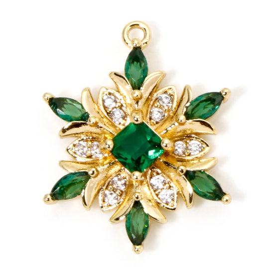 Bild von 1 Stück Umweltfreundlich Messing Weihnachten Charms 18K Echtgold plattiert Weihnachten Schneeflocke Klar Zirkonia Grün Strass 20.5mm x 16mm