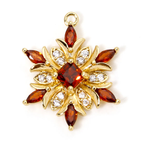 Bild von 1 Stück Umweltfreundlich Messing Weihnachten Charms 18K Echtgold plattiert Weihnachten Schneeflocke Klar Zirkonia Rot Strass 20.5mm x 16mm