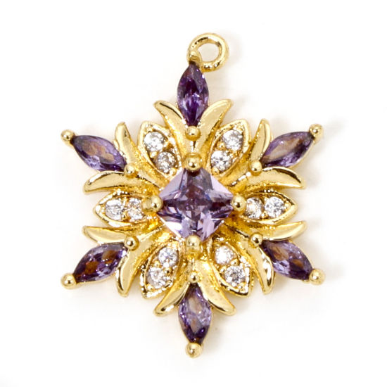 Bild von 1 Stück Umweltfreundlich Messing Weihnachten Charms 18K Echtgold plattiert Weihnachten Schneeflocke Klar Zirkonia Amethyst Strass 20.5mm x 16mm