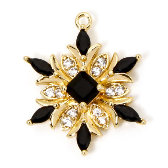 Bild von 1 Stück Umweltfreundlich Messing Weihnachten Charms 18K Echtgold plattiert Weihnachten Schneeflocke Klar Zirkonia Schwarz Strass 20.5mm x 16mm