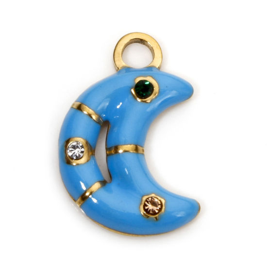 Изображение 2 ШТ вакуумное покрытие 304 Нержавеющая Сталь галактика Подвески Луна половина Позолоченный Синий Пончик С Эмалью Разноцветный Горный Хрусталь 16.5мм x 11мм