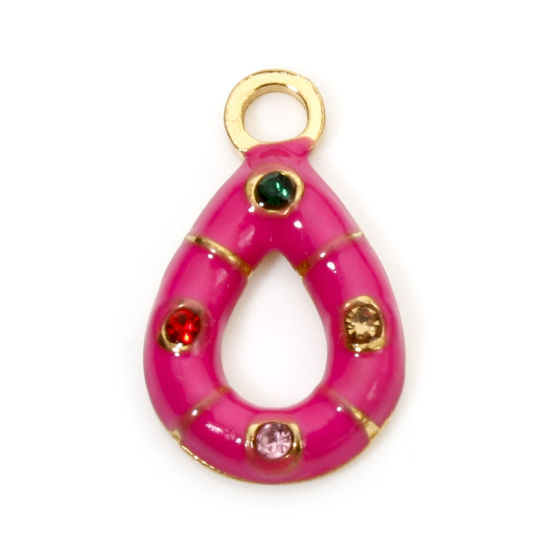 Image de 2 Pcs Breloques en 304 Acier Inoxydable Placage sous Vide Géométrique Goutte d'Eau Doré Fuchsia Donuts Émail à Strass Coloré 16.5mm x 10mm