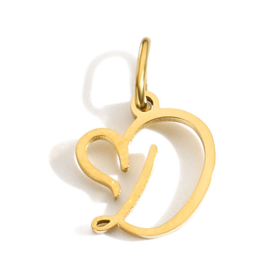 Picture of 2 PCs Eco-friendly PVD Vacuum Plating 304 Stainless Steel Charms 14K Gold Plated Capital Alphabet Initial Letter Heart Message " D " With Jump Ring 14mm x 9mm