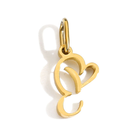 Picture of 2 PCs Eco-friendly PVD Vacuum Plating 304 Stainless Steel Charms 14K Gold Plated Capital Alphabet Initial Letter Heart Message " E " With Jump Ring 14mm x 9mm